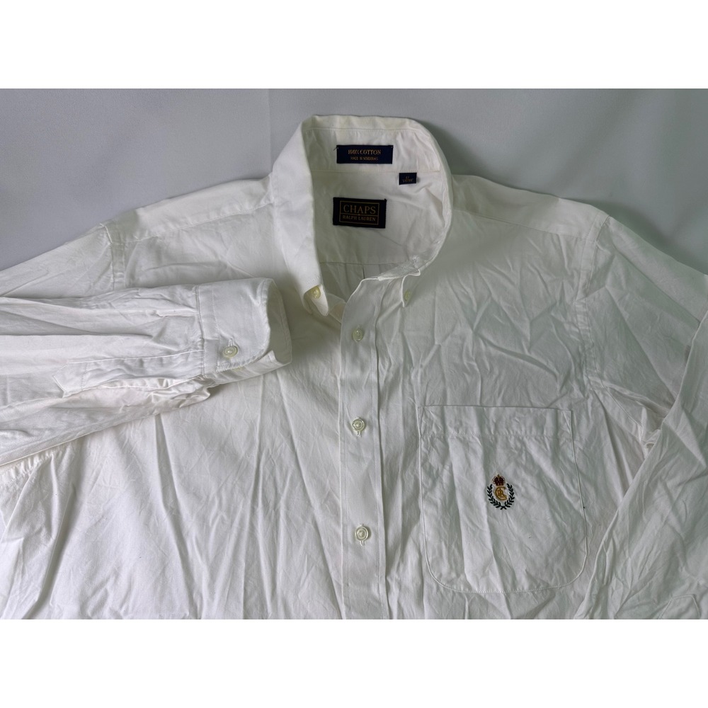 VTG Chaps Ralph Lauren Mens‎ Size 17 White Button Down Shirt Embroidered Crest